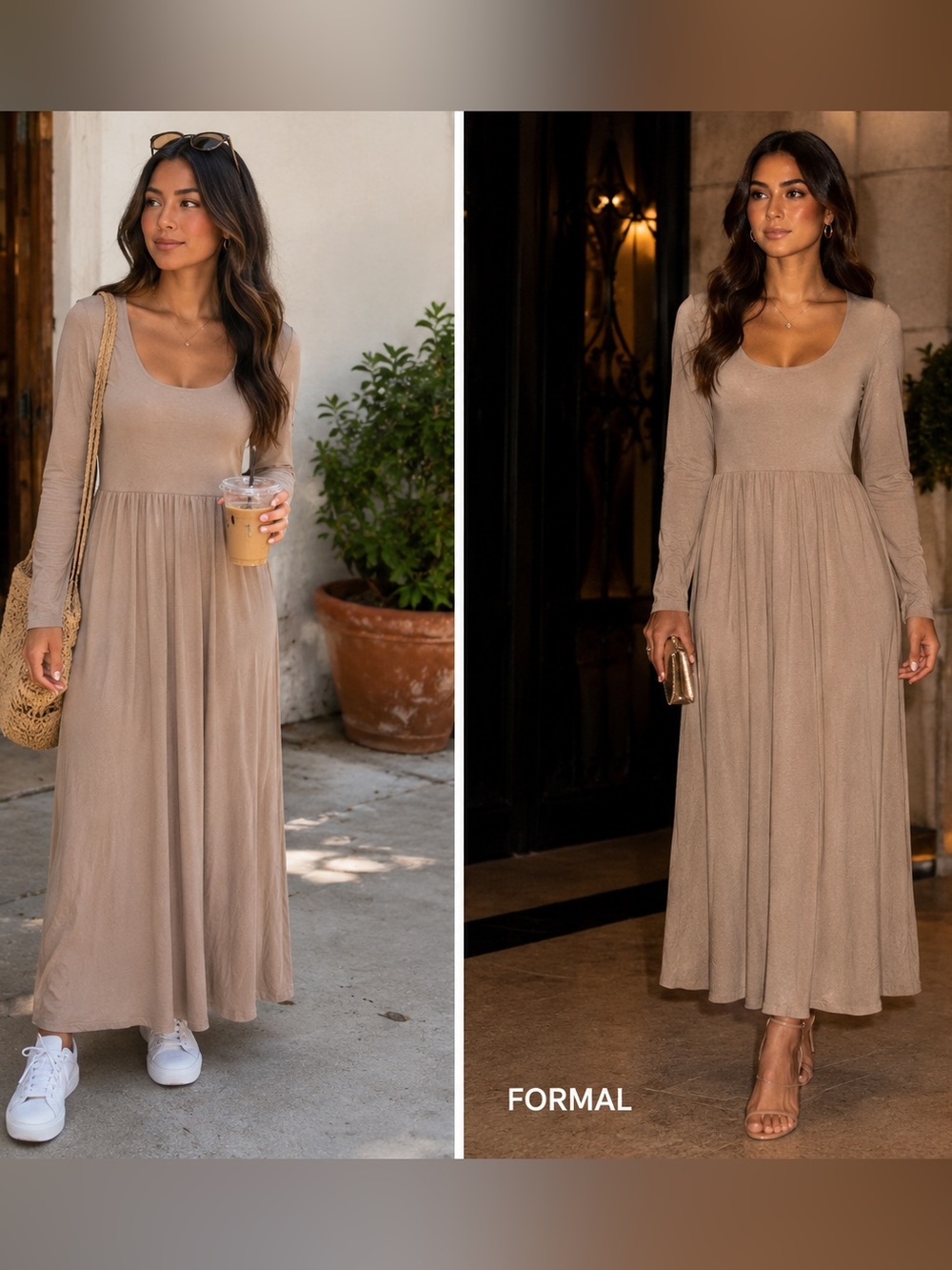 a new day Scoop Neck Long Sleeve Maxi Dress - Taupe Beige